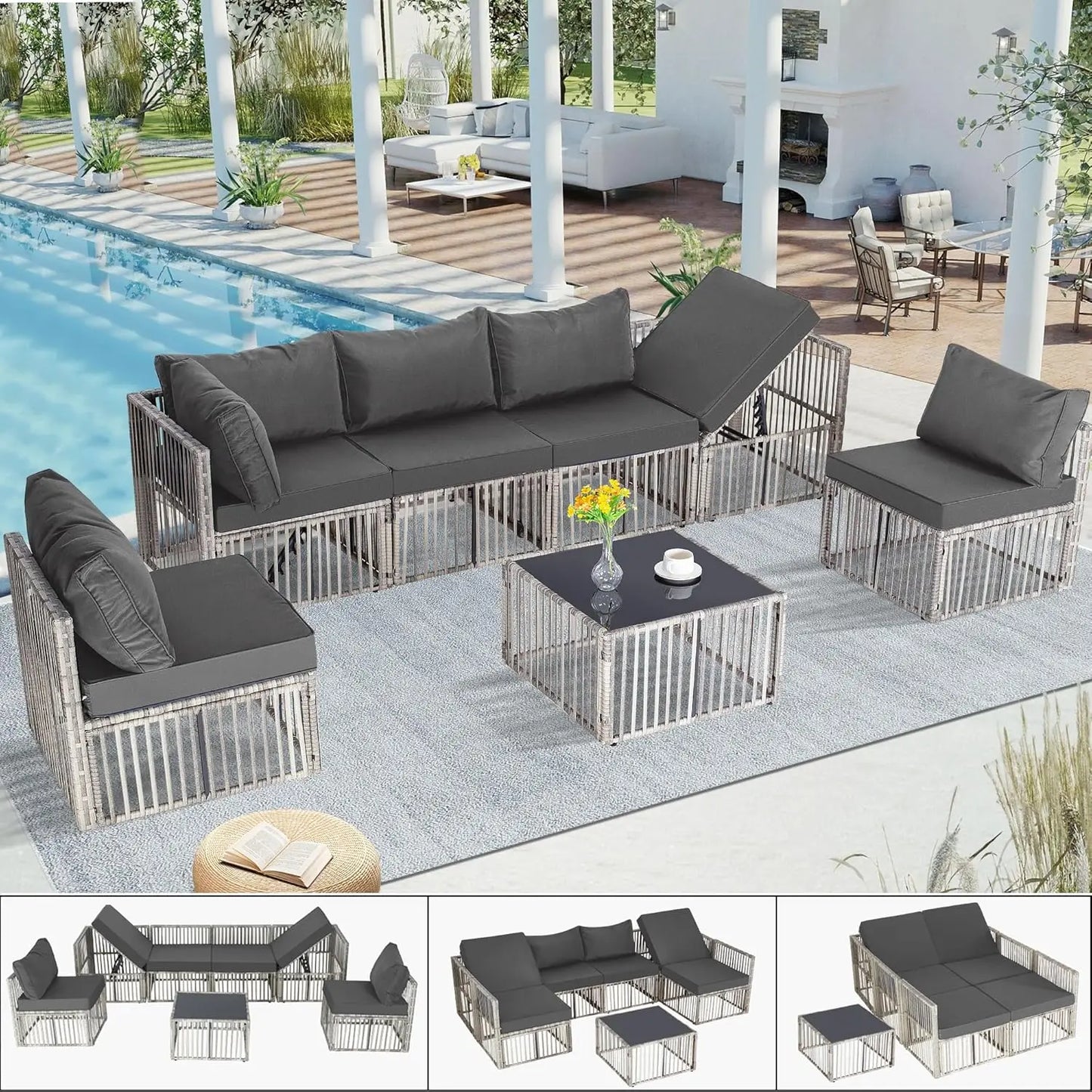 7 Pieces Outdoor Patio Furniture Set, Wicker Outdoor Sectional Conversation Couch Set with Adjustable Backrest Sofa