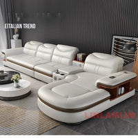Modern L-Shaped Sectional Sofa with Chaise, Luxury Italian Genuine Leather Couch with adjustable headrest, Storage, USB, Console