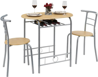 Premium 3 Piece Wood Round Table & Chair Set for Dining Room Kitchen Bar Breakfast, with Wine Storage Rack, Space Saving