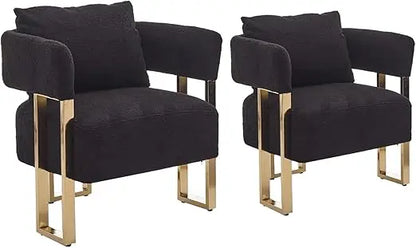 modern barrel accent chairs set of 2, living room side chairs with golden metal legs soft teddyupholstered reading armchairs no