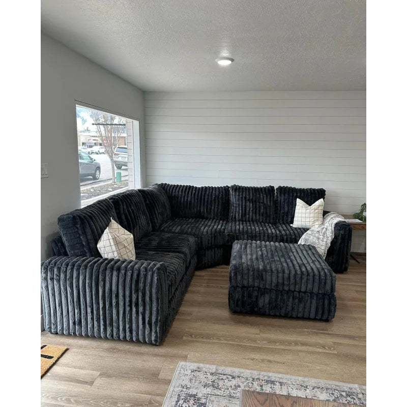 custom.ATUNUS American Thick Striped Corduroy Plush Sectional Sofa Couch Set Compression Black Brown White Living Room S