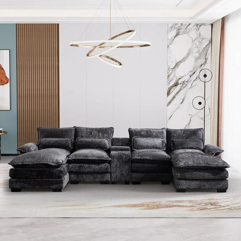 Premium Sofa Cloud Couch for Living Room, 123" Modern Fluffy Chenille U Shaped Couch, with Storage Console