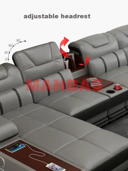 L-Shaped Modern Sectional Sofa Set with Chaise, Genuine Leather Reclining Couch with USB Charging Ports & Cup Holders, Couch Set