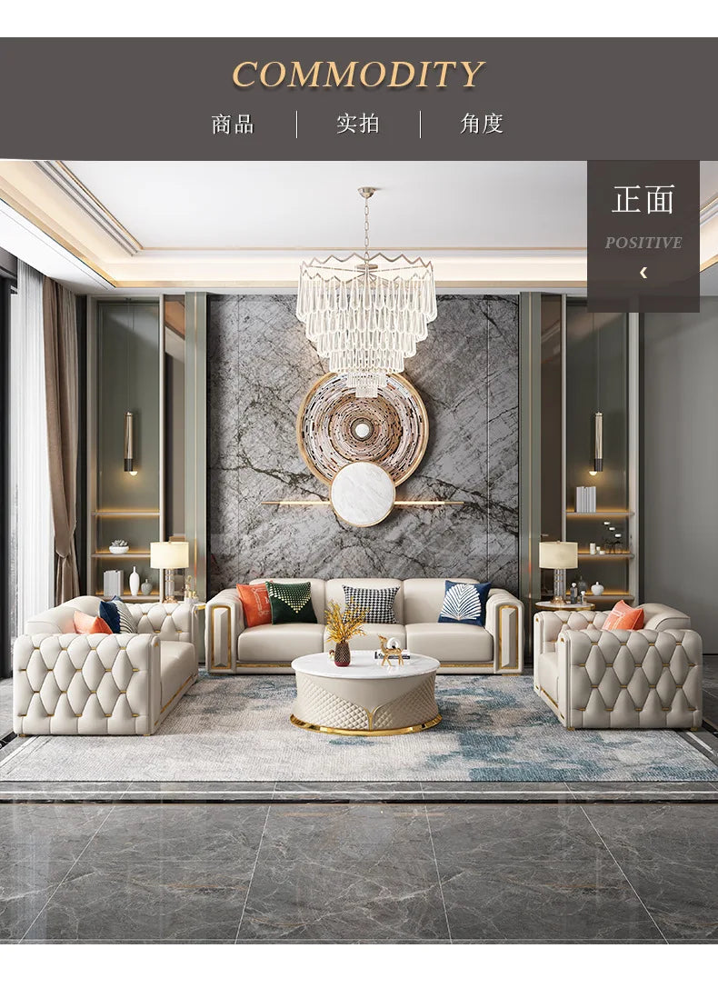 Cross-border Light Luxury Sofa Simple Modern Leather Sofa Italian Minimalist Villa Living Room Buckle Leather Sofa Combination