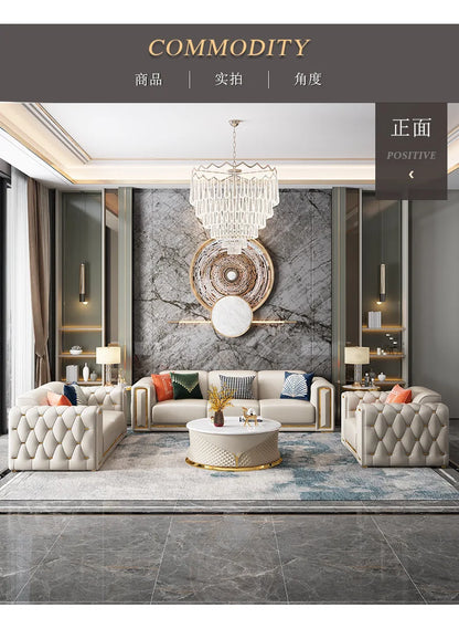 Cross-border Light Luxury Sofa Simple Modern Leather Sofa Italian Minimalist Villa Living Room Buckle Leather Sofa Combination