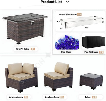 Modern Patio Rattan Sofa Set PE Wicker Sectional Sofa Set High Quality Rattan Outdoor Furniture Set with Fire Pit