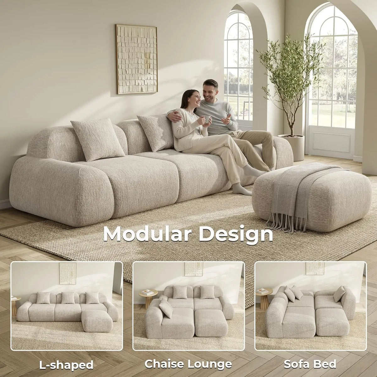 Modular Sectional Sofa Ottoman 110in L-Shape Chenille Upholstery Deep Seat Living Room No Assembly Custom