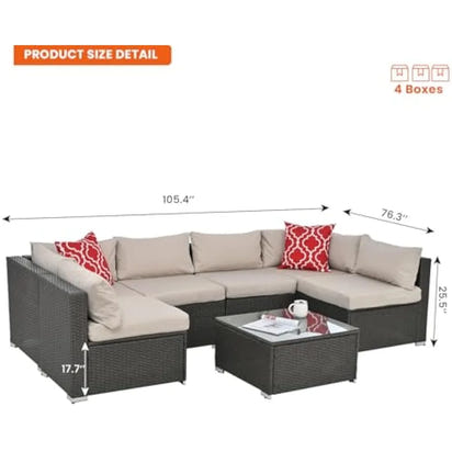 beige rattan wicker outdoor patio sectional set with coffee table and two pillows
