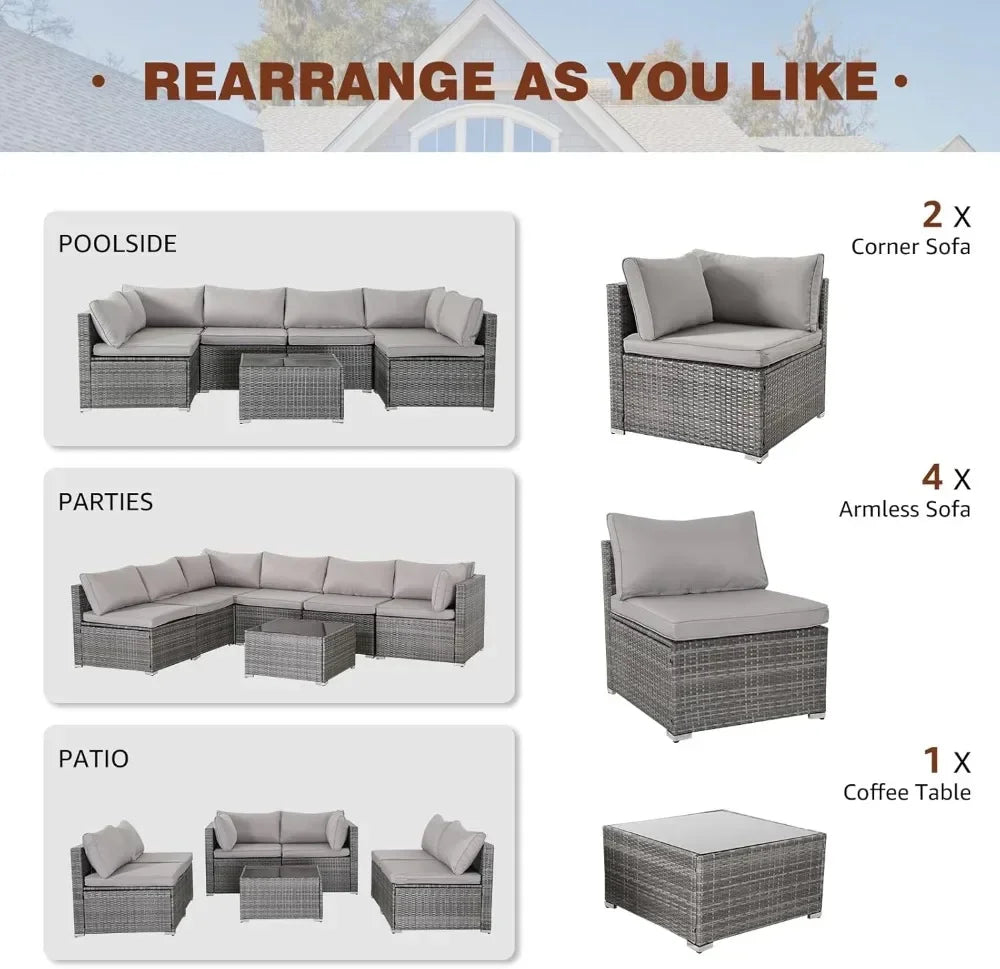 y 7-piece courtyard furniture set, modular wicker outdoor segmented sofa, PE wicker outdoor setL  W   H  28.5*25.6*25.6 inch