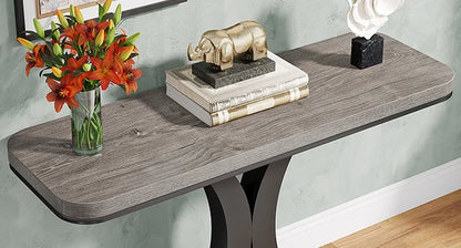 LITTLE TREE Industrial Console Table, 40 inch Narrow Entryway Foyer Table with Geometric Base, Accent Table for Living Room