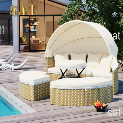 %a Patio Rattan Sunbed with Retractable Canopy, Round Outdoor Sectional Sofa Set with Separate Seating,liftable Table and Remov