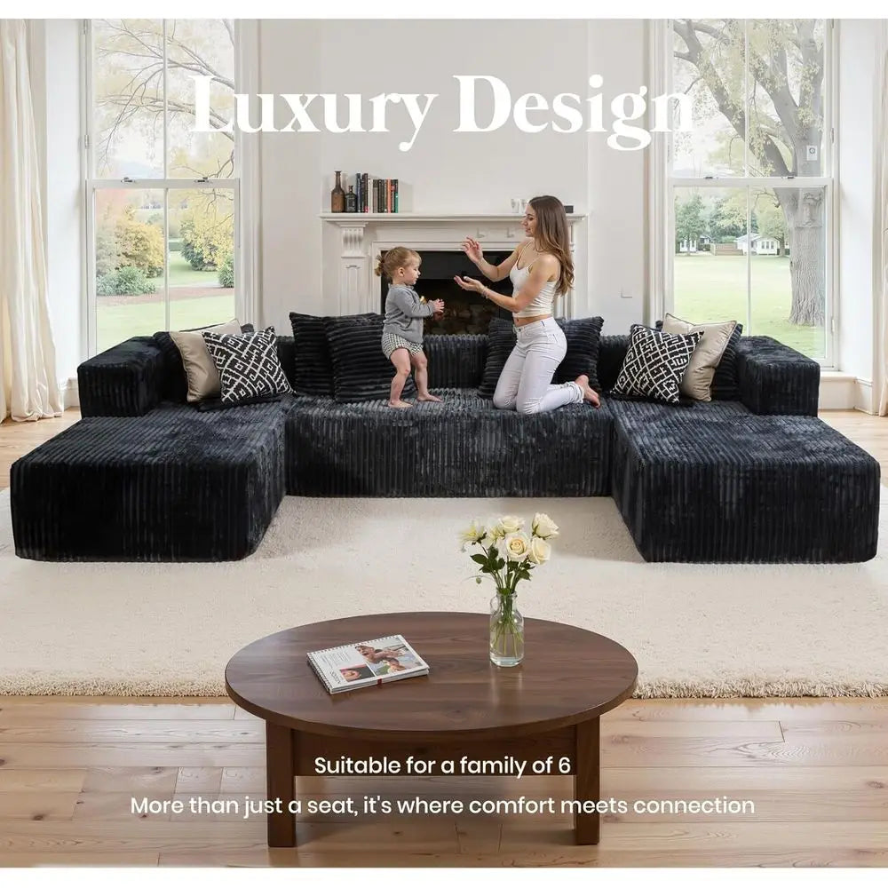 130 Black Modular Cloud Sofa with 2 Chaise Lounges, 4-in-1 Deep Seating Sectional Couch, Layered Foam Cushions, No Assembly Requ