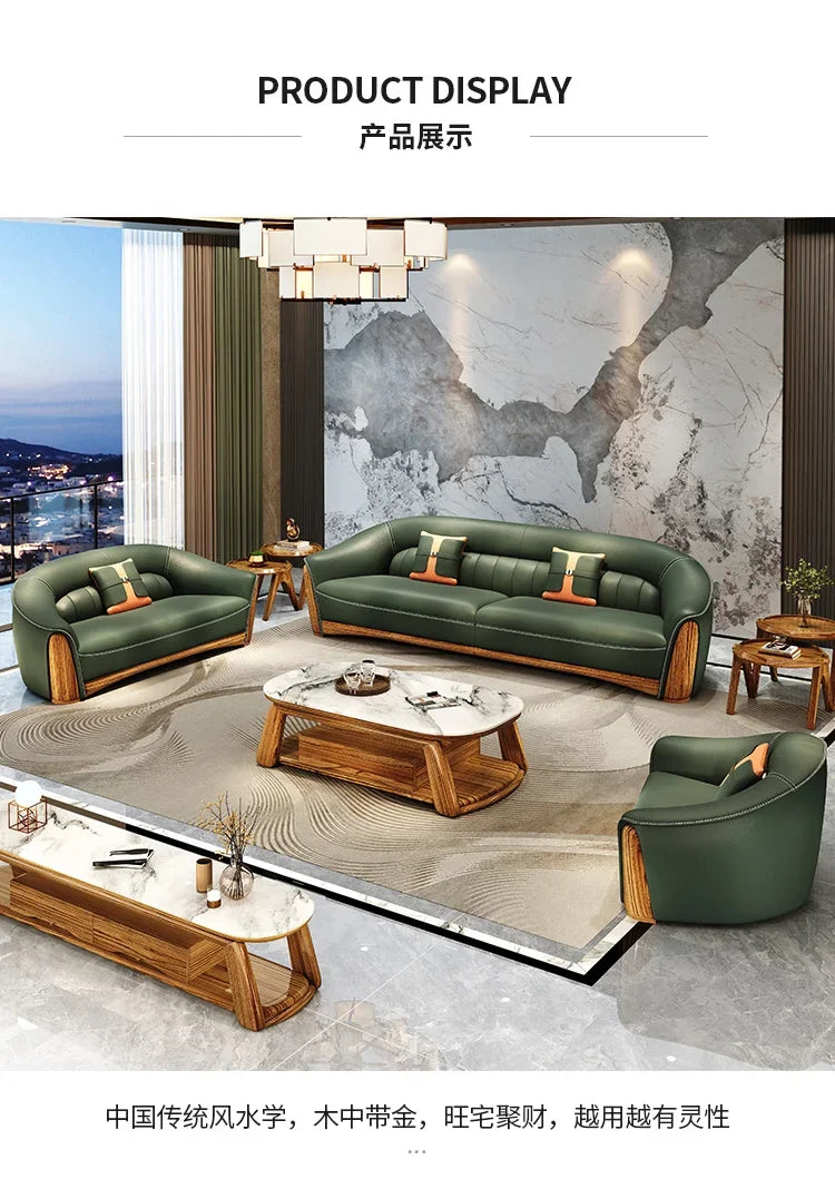 New Chinese Style Ugyen Wood Leather Sofa Large Apartment Combination New Furniture