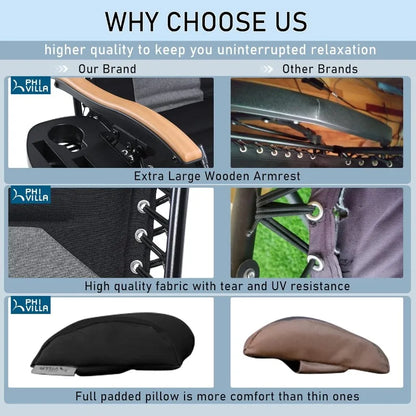 PHI VILLA XXL Oversized Padded Zero Gravity Chair, Foldable Patio Recliner, 30" Wide Seat Anti Gravity Lounger with Cup Holder