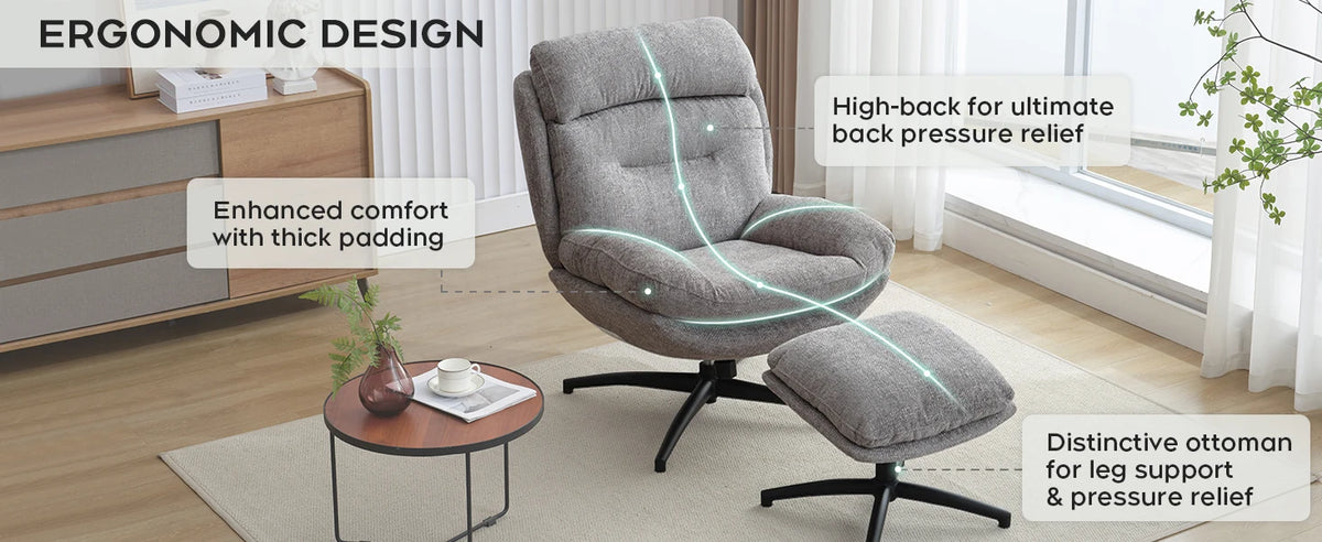 TODRANI 360° Swiveling Tilting Chenille Accent Chair with Ottoman Comfy Modern Armchair for Living Room Reading TV Lounge Chair