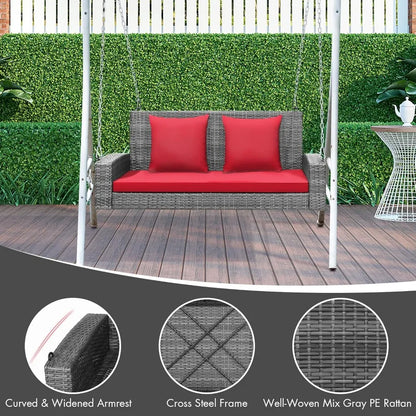 2-Person Porch Swing Bench - PE Rattan Outdoor Swing Chair with Comfortable Seat & Back Cushions, Rustproof Metal Cha