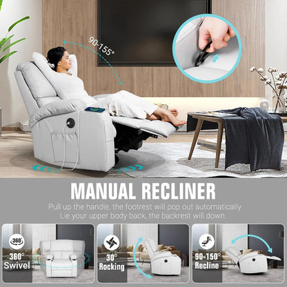 Rocking Recliner Chair, Massage Rocker Recliner Chair with Vibration Massage and Heat, USB and Type-C Ports,360° Swivel Faux Lea