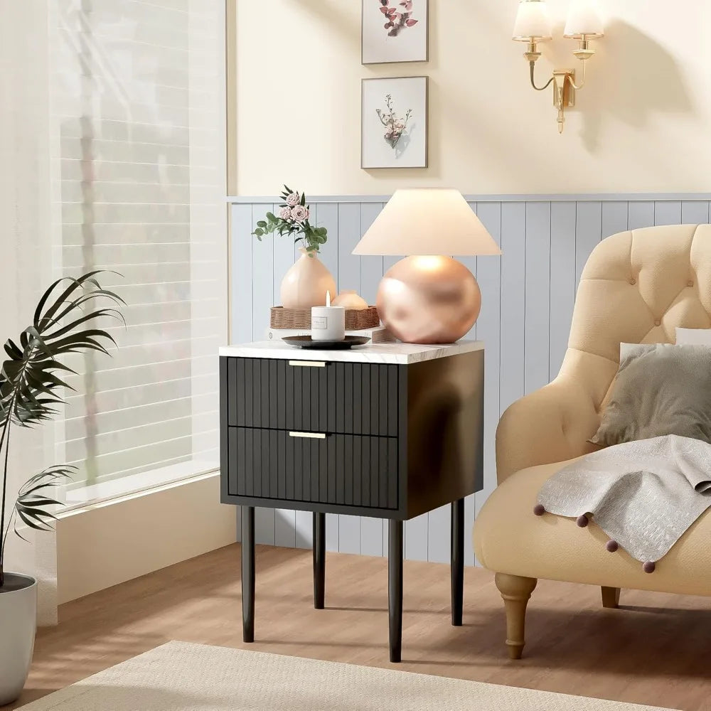 Black Marble Nightstands Set of 2 with Gold Handle, Striped Night Stand with Drawers, End Side Table with Faux Marble Top, 2 Dr