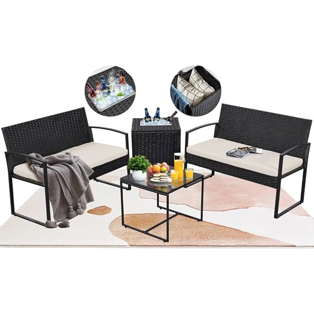 Outdoor Patio Furniture Set w/Built-in Beverage Cooler Storage Box & Coffee Table for Outside for Balcony