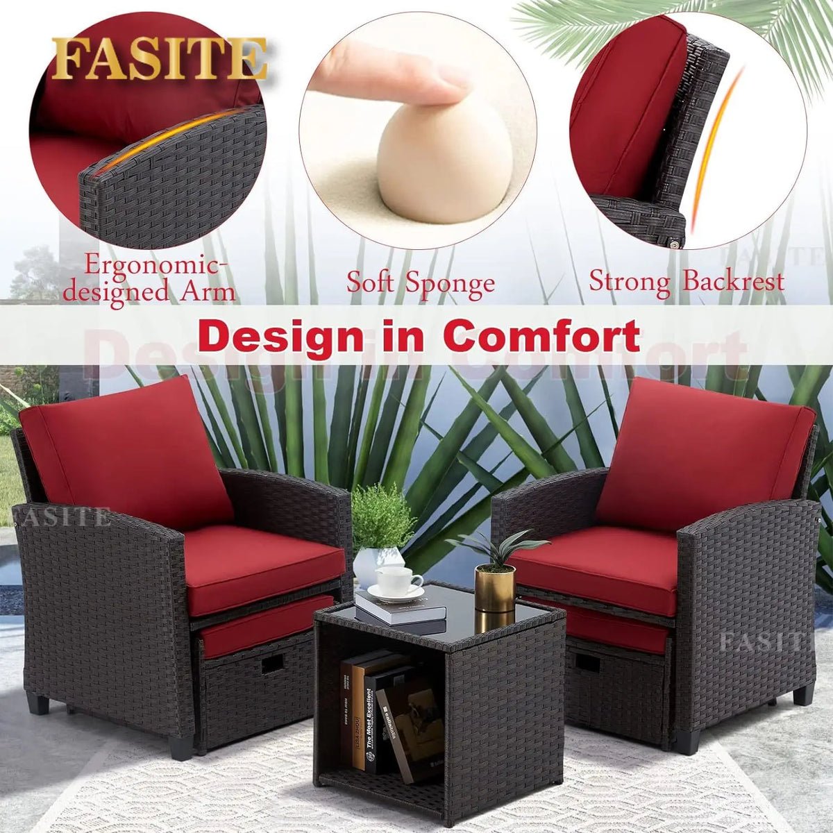 5Pcs Patio Set,  Wicker Outdoor Sectional with Cushions, Includes Coffe Table and Ottomans, Furniture for Pool, Garden, Patio