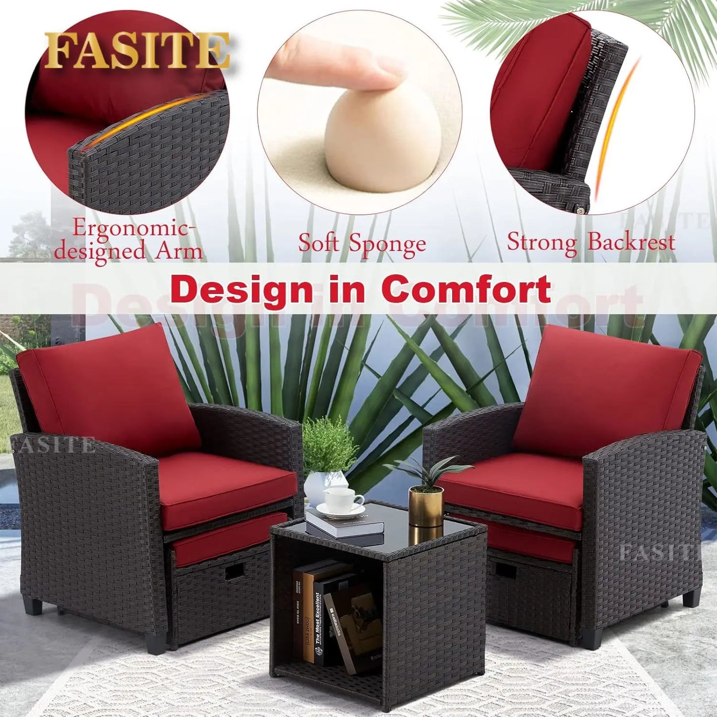 5Pcs Patio Set,  Wicker Outdoor Sectional with Cushions, Includes Coffe Table and Ottomans, Furniture for Pool, Garden, Patio