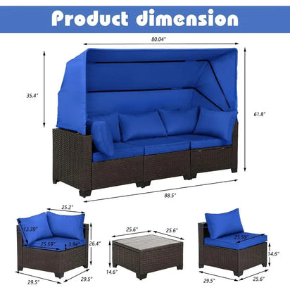 Y 6 Pieces Patio Daybed with Retractable Canopy, Patio Furniture Sets Outdoor Wicker Sectional Sofa Set Seating Chairs