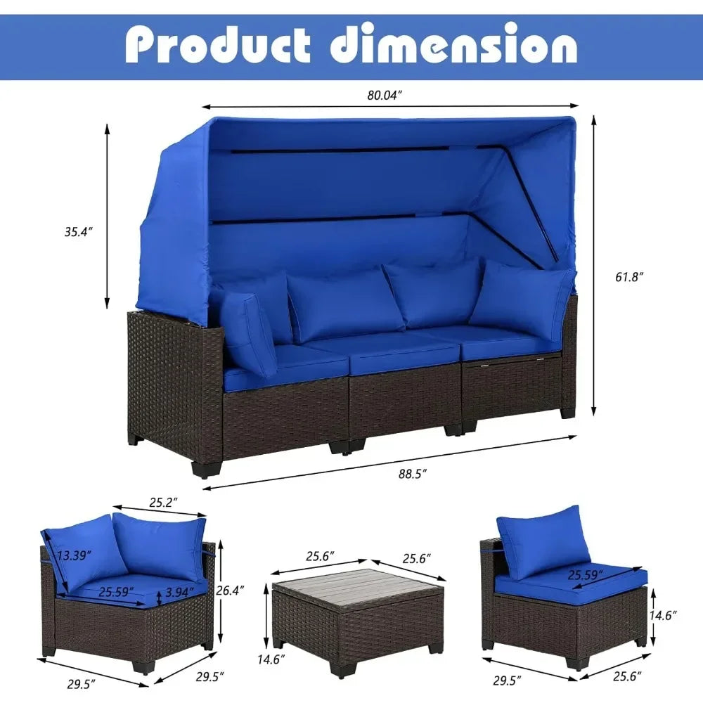 Y 6 Pieces Patio Daybed with Retractable Canopy, Patio Furniture Sets Outdoor Wicker Sectional Sofa Set Seating Chairs