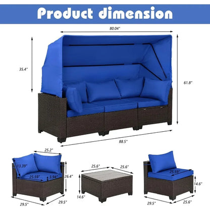 Y 6 Pieces Patio Daybed with Retractable Canopy, Patio Furniture Sets Outdoor Wicker Sectional Sofa Set Seating Chairs