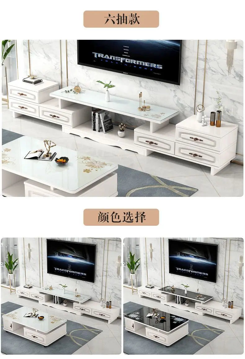 Modern & Minimalist Tempered Glass Expandable TV Stand & Coffee Table Set - European Style, Ideal for Small - Space Living Rooms