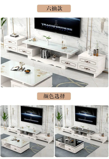 Modern & Minimalist Tempered Glass Expandable TV Stand & Coffee Table Set - European Style, Ideal for Small - Space Living Rooms