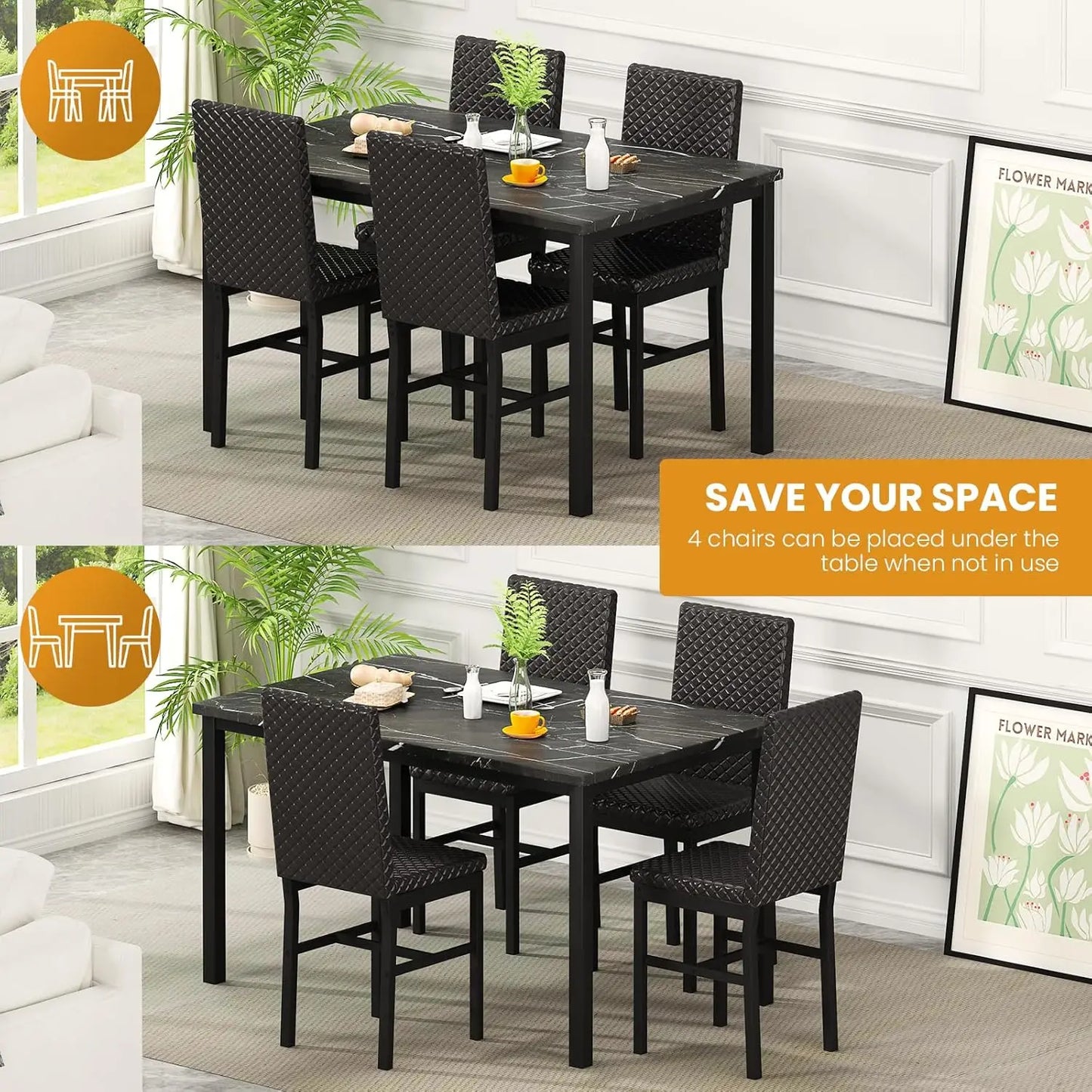 Dining Table Set for 4 Kitchen Table and Chairs Set of 4 Faux Marble Kitchen and Dining with Velvet Upholstered Dinner Chairs