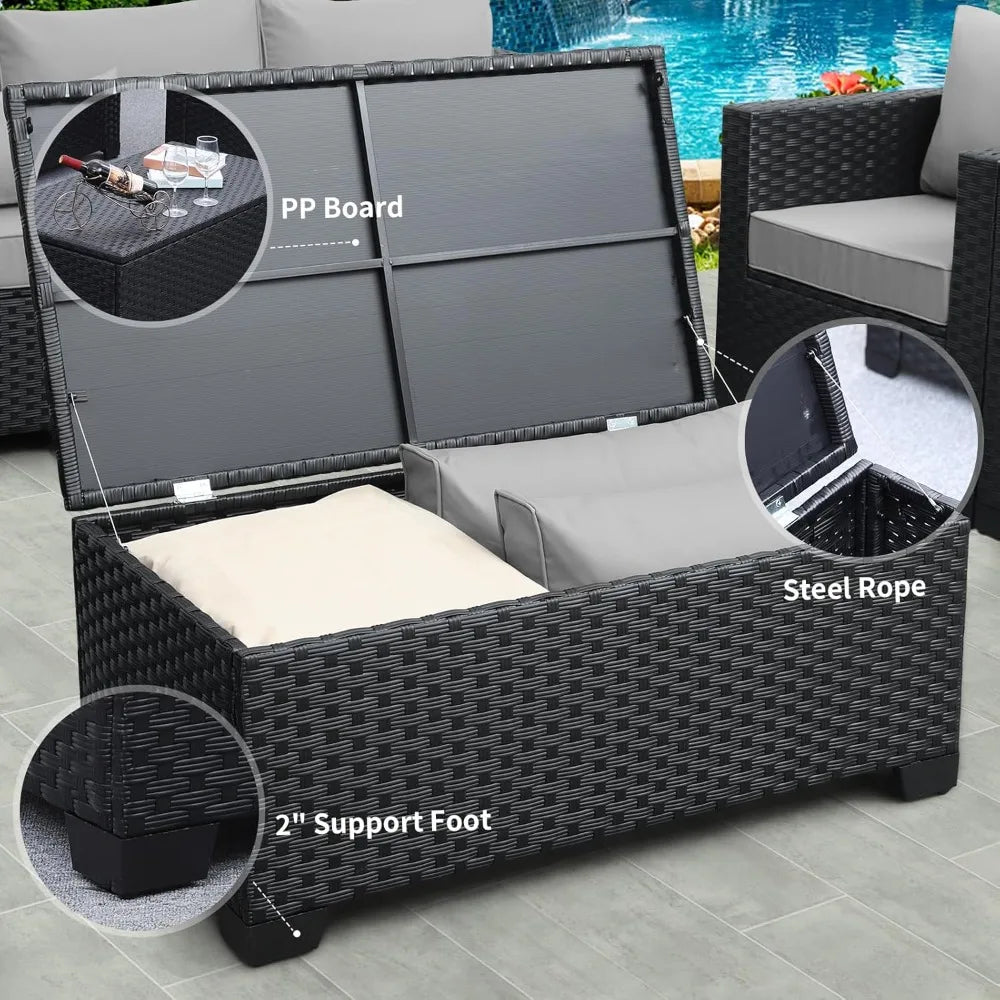 Outdoor Sectional Wicker Patio Furniture Long Patio Couch with Ottoman and Outdoor Storage Table 4 Pieces Patio Furniture Set