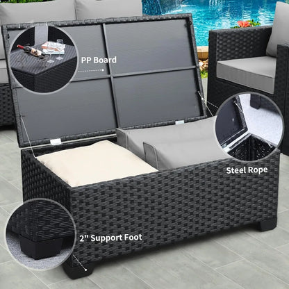 Outdoor Sectional Wicker Patio Furniture Long Patio Couch with Ottoman and Outdoor Storage Table 4 Pieces Patio Furniture Set