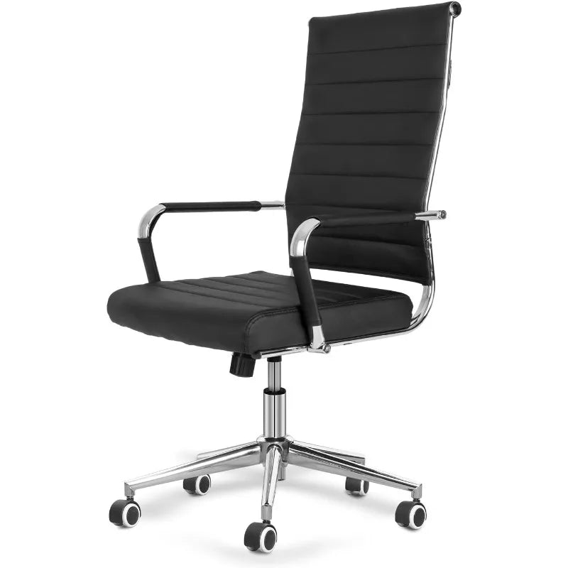 Black Conference Room Chairs, Modern Ergonomic PU Leather Office Desk Chair Ribbed for Office, High Back Executive Swive