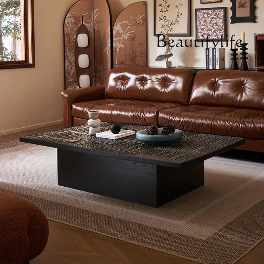 Retro coffee table light luxury high sense solid wood carving flower home living room minimalist high-end designer