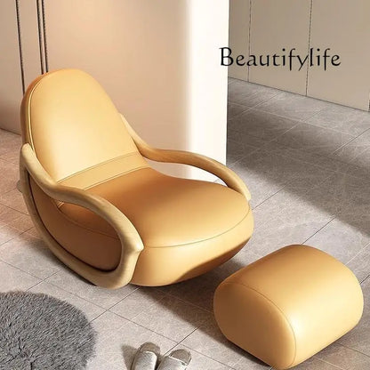 Household balcony leisure chair sofa solid wood rocking chair Chinese lazy sofa recliner environmentally friendly leather