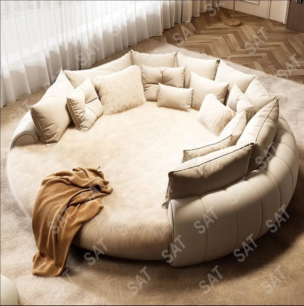 Design Round Bed Frame Nordic Twin Queen Bed Room Furniture Set Upholstered Beige Tufted Boucle Fabric Double Marshmallow