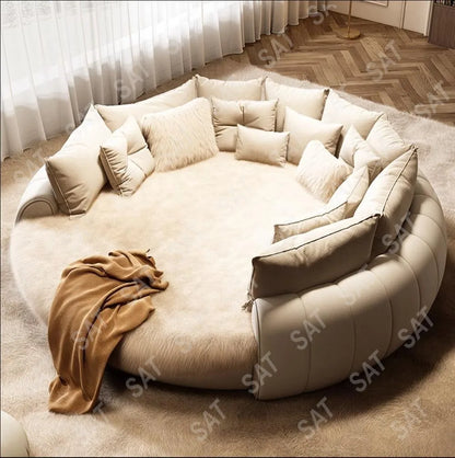 Design Round Bed Frame Nordic Twin Queen Bed Room Furniture Set Upholstered Beige Tufted Boucle Fabric Double Marshmallow