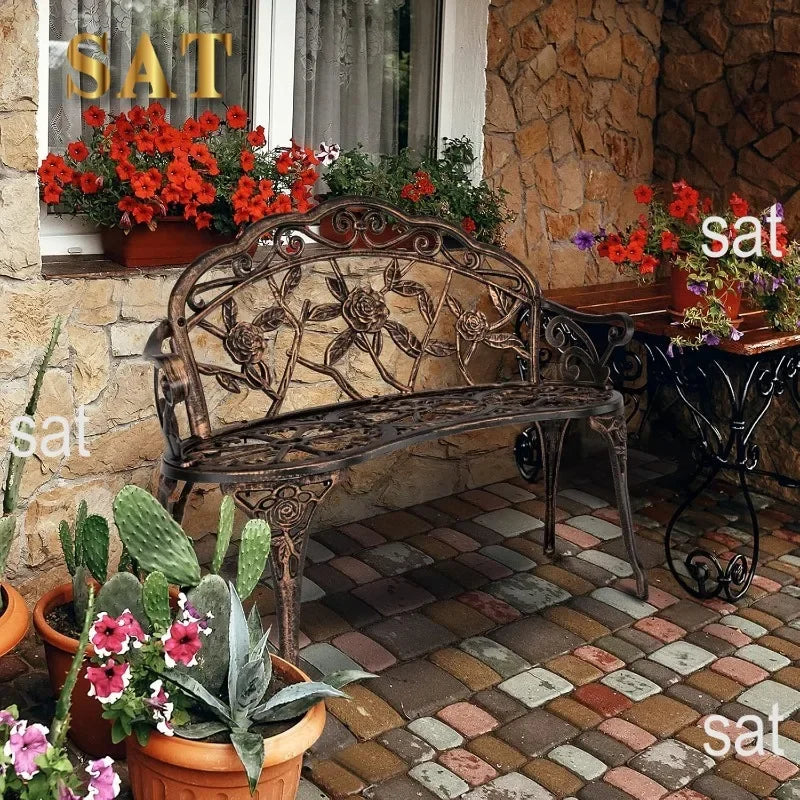 For 38.5" Patio Park Garden Outdoor Metal Rose Bench,Cast Iron Cast Aluminium Frame Antique Finish Chair Deck Furniture