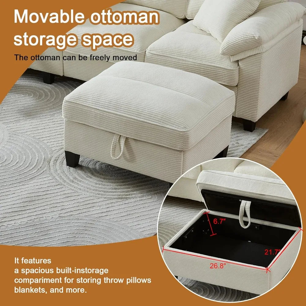 117 Inch Sofa Couch,Sectional Couches for Living Room with 2 Cup Holders,Corduroy Modular Sectional Sofa with Movable