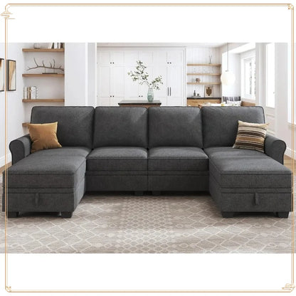 Storage Sectional Sofa with Reversible Chaise, U-Shaped Living Room Couch Dark Grey