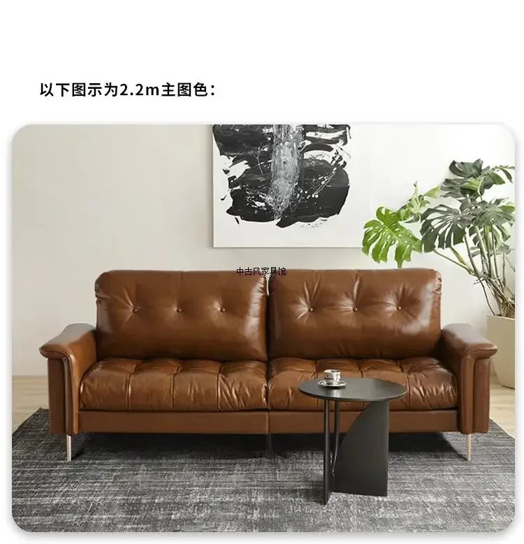 TTTTMedieval Oil Wax Leather Creative Sofa Living Room Retro Old Caramel Color Large Straight Row Sofa