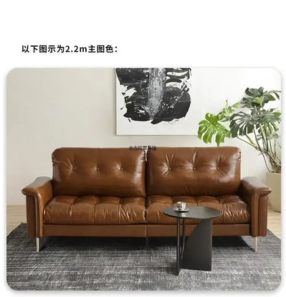 TTTTMedieval Oil Wax Leather Creative Sofa Living Room Retro Old Caramel Color Large Straight Row Sofa