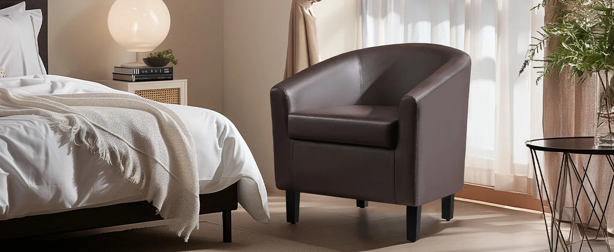 Leather Club Chair, Faux Leather Accent Chair, Modern Living Room Armchair with Wood Legs and Padded Seat for Bedroom Reception