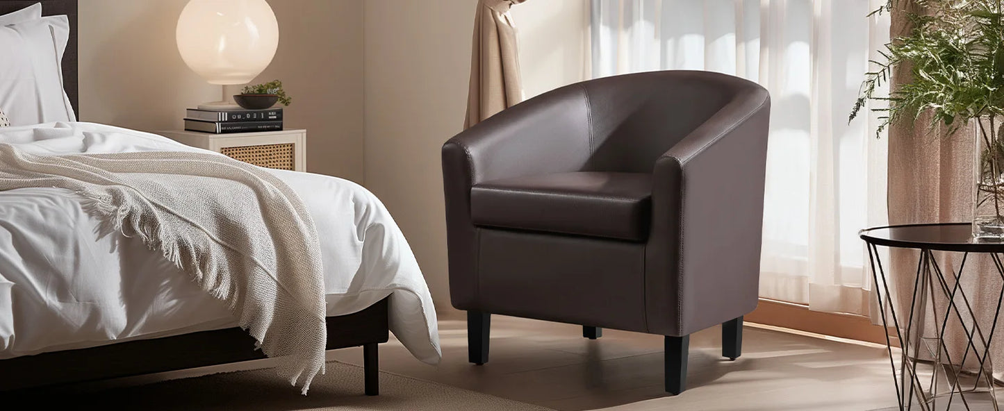 Leather Club Chair, Faux Leather Accent Chair, Modern Living Room Armchair with Wood Legs and Padded Seat for Bedroom Reception