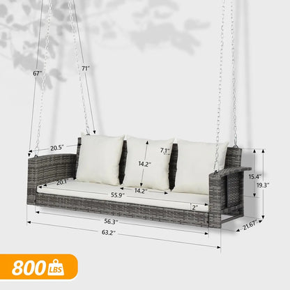 [XMSJ]Heavy Duty 800 LBS Wicker Hanging Porch Swing with Cushions & Chains, 5FT Outdoor Rattan Swing Bench for Garden, Yard, Law