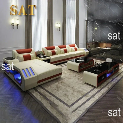 Modern LED Lighted Sofa Set with Recliner, Adjustable Headrest & Console | Luxury Leather Sectional Couch | Futuristic Furniture