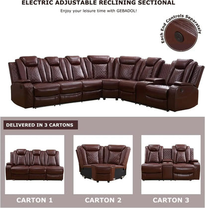 Power Reclining Sectional Sofa USB Chargers and Storage Console, Leather Recliner Sofa for Living Room Furniture Set
