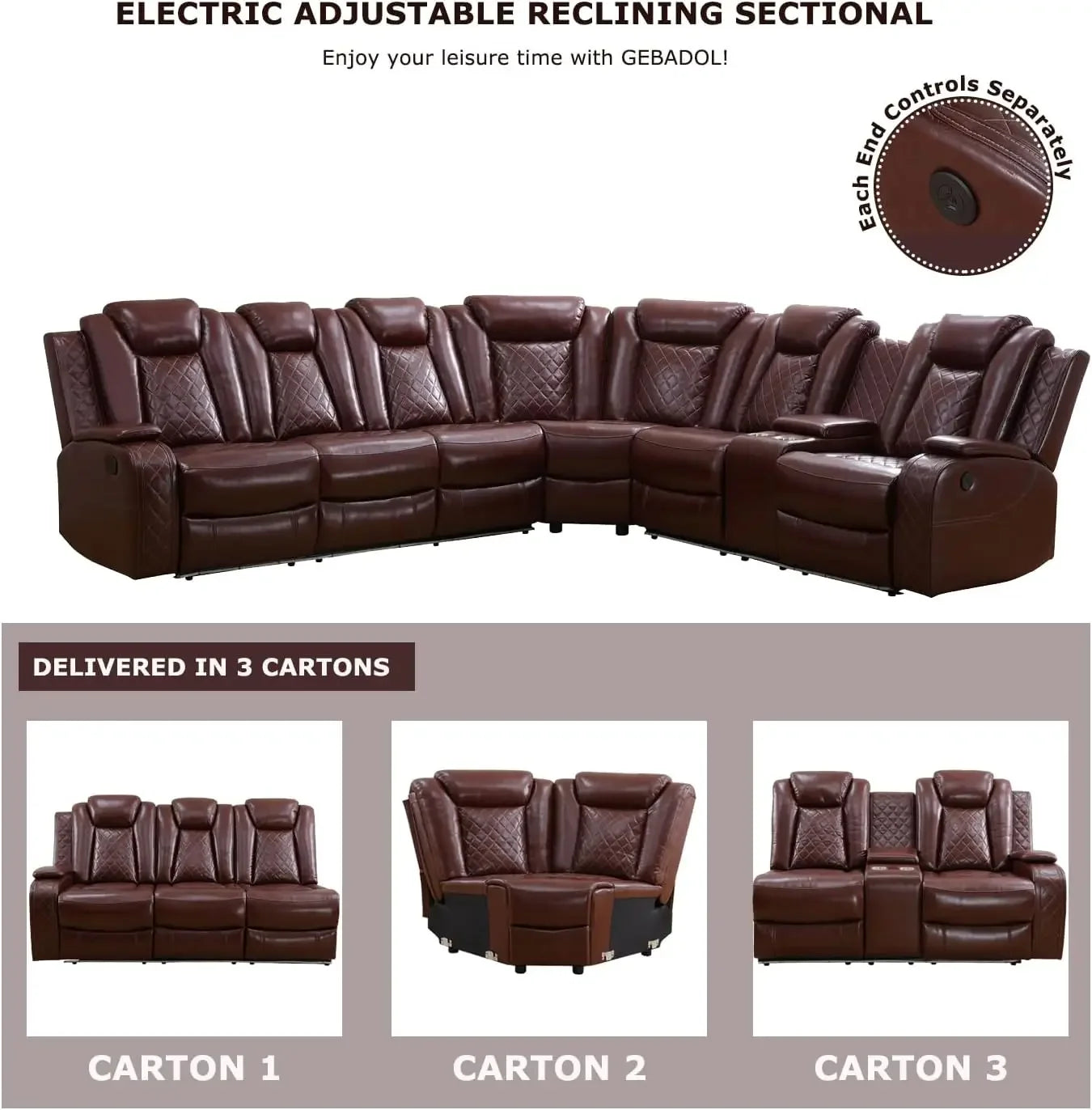 Power Reclining Sectional Sofa USB Chargers and Storage Console, Leather Recliner Sofa for Living Room Furniture Set