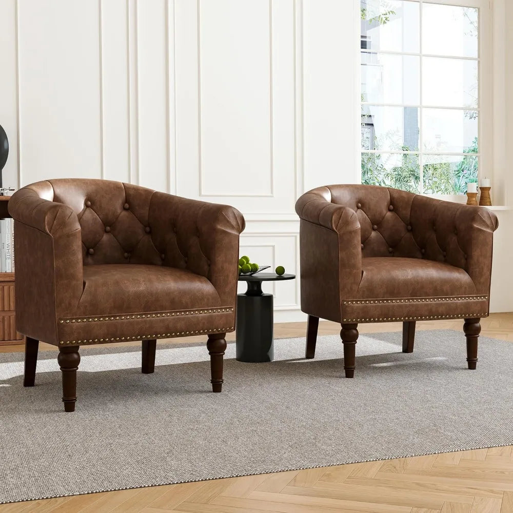 Accent Chair, Upholstered Faux Leather Barrel Chair with Nailed Trim, Comfy Club Armchair for Reading Living Room Bedroom Waitin